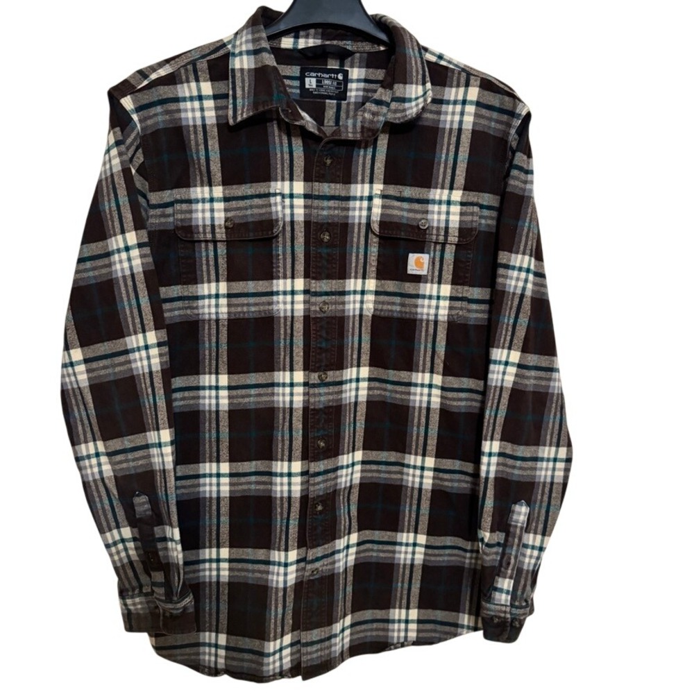 Carhartt Button Down Shirt Mens Tall L Loose Fit Flannel Long Sleeve Thick Brown